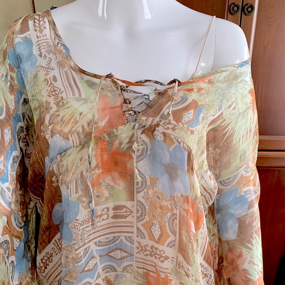 Boho style sheer tunic top ruffled loose sleeves brown orange blue flower US L - Picture 3 of 9